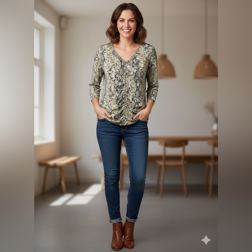 Dana Buchman Blouse with Snake Print and Draped Detail - Size L